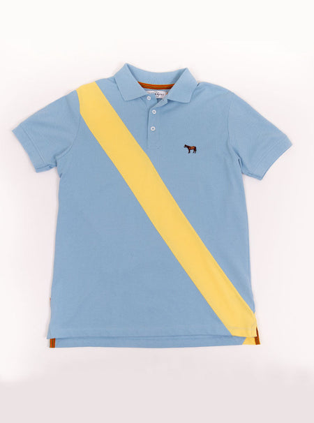 Flat lay of men's sky blue 100% cotton polo shirt with lemon yellow sash detail and Newmarket 875 horse logo embroidered on the front.